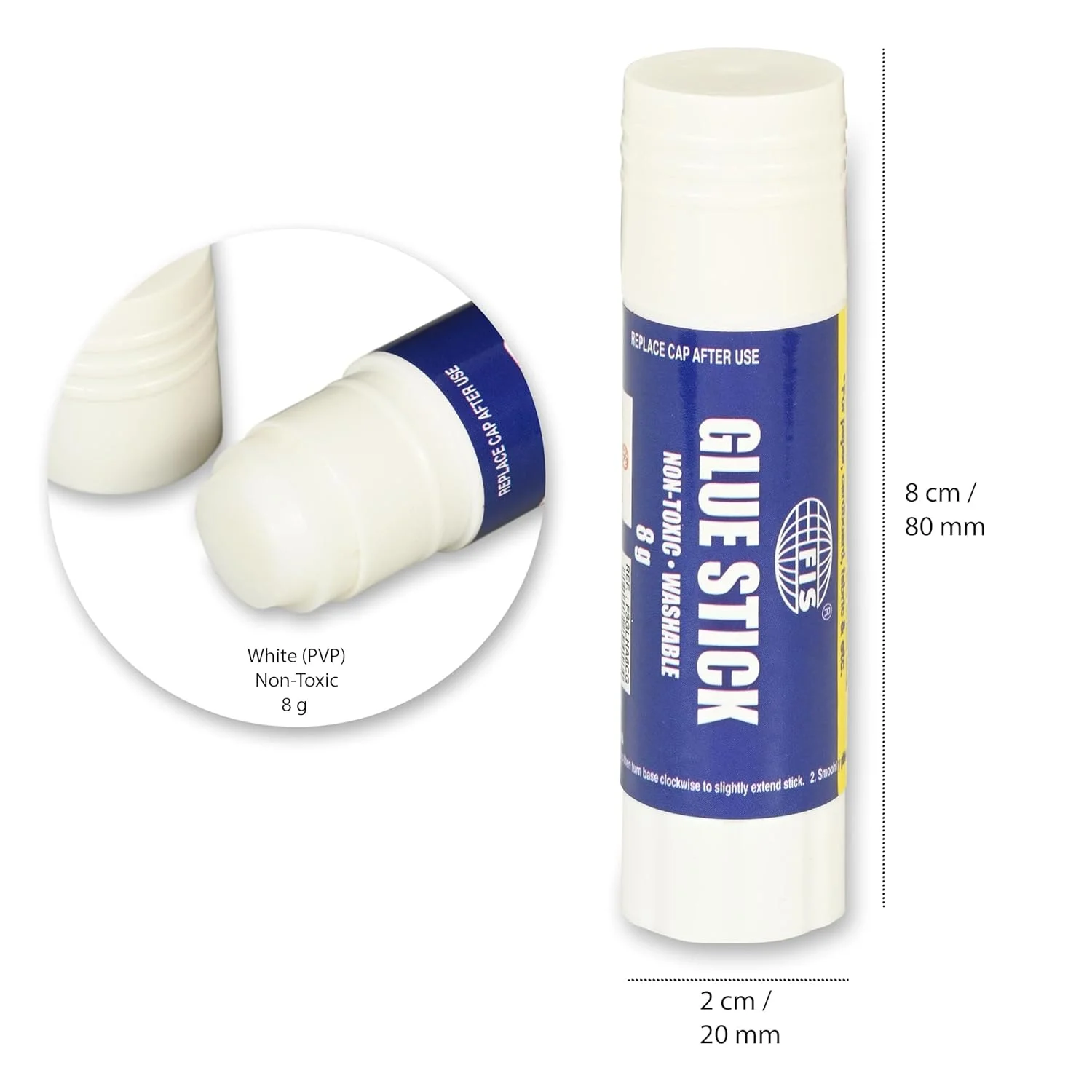 چسب ماتیکی سفید FIS (PVP)، سایز 80x20 میلی متر، 8 گرم، غیر سمی و قابل شستشو، بسته 2 عددی، بسته بندی بلیستر، ایده آل برای استفاده در مدرسه، خانه و دفتر - FSGLHA8CG/2