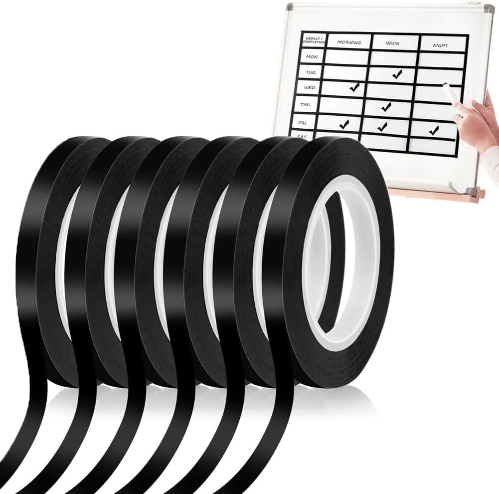 نوار وایت برد گودرن، 6 رول نوار هنری نمودار گرافیکی 3 میلی متری 50 متری خود چسب، نوار خط دار نازک، نوار شبکه تخته پاک کن خشک، نوارهای علامت گذاری، نوار تخته سفید DIY برای نمودارها، مجلات، صنایع دستی - مشکی