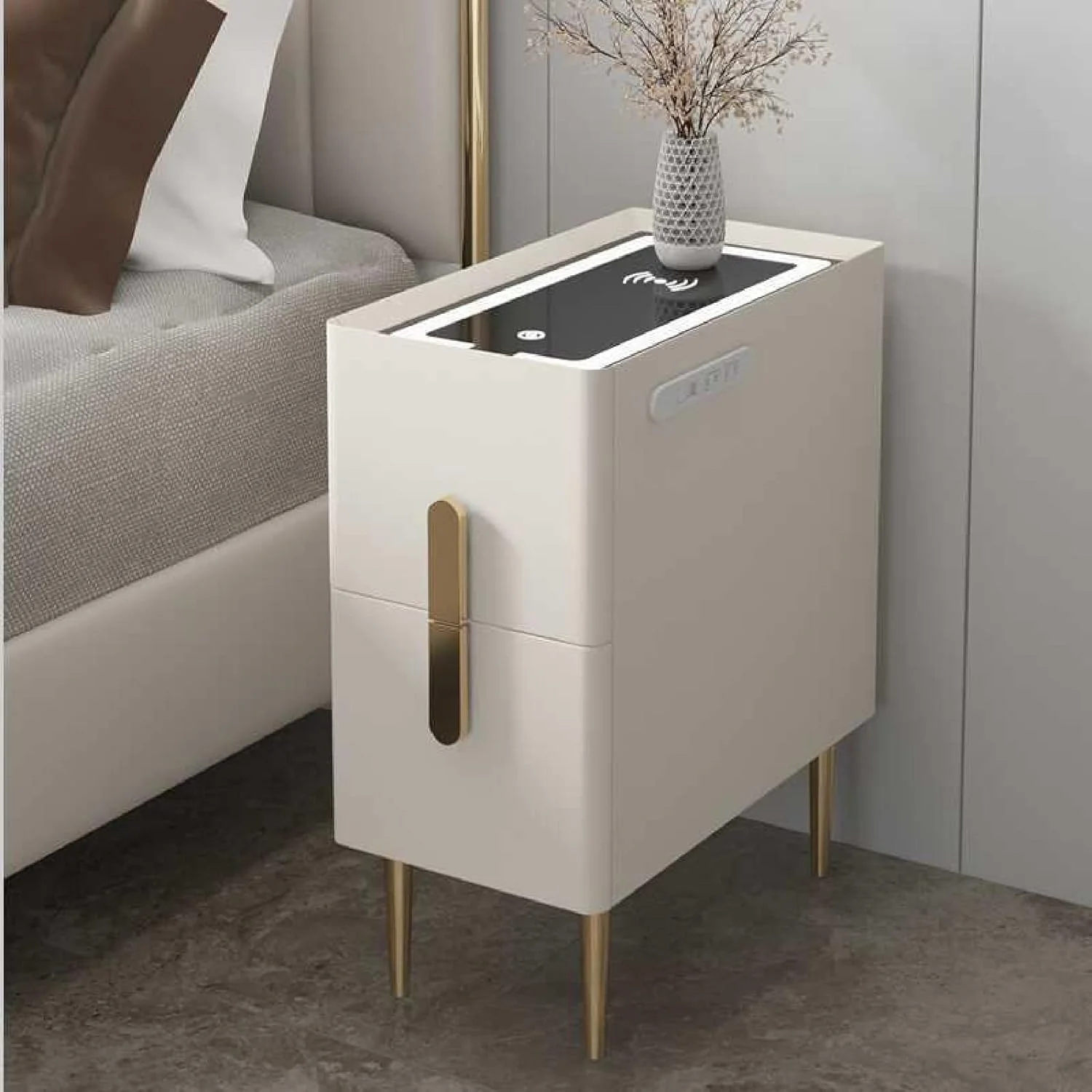 میز کنار تختی هوشمند ADORZ، میز شب مدرن لوکس با نور LED و 2 کشو، دارای 3 حالت نورپردازی و پایه های فلزی، پورت شارژ بی سیم USB، مناسب برای اتاق خواب و اتاق نشیمن میز کنار تختی هوشمند ADORZ، میز شب مدرن لوکس با نور LED و 2 کشو، دارای 3 حالت نورپردازی و پایه های فلزی، پورت شارژ بی سیم USB، مناسب برای اتاق خواب و اتاق نشیمن