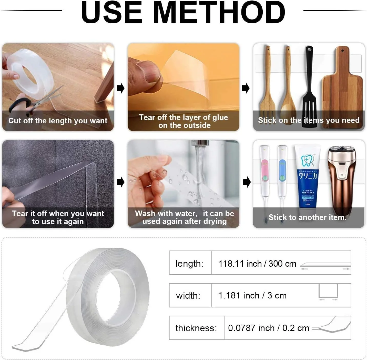 چسب نواری دو طرفه نانو چند منظوره قابل شستشو و استفاده مجدد GHONLZIN (شفاف، 3 متر)