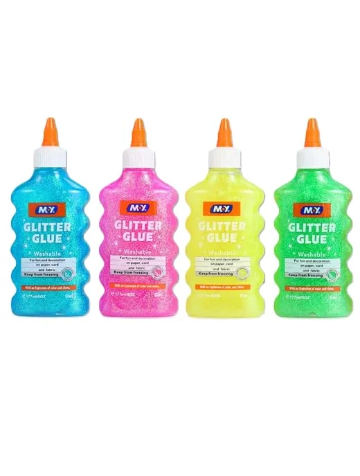 چسب اکلیلی مای | بسته 4 عددی زرد، صورتی، آبی و سبز | 100 میلی لیتر و 177 میلی لیتر | قابل شستشو و مناسب کودکان | عالی برای ساخت اسلایم و کاردستی (177 میلی لیتر)