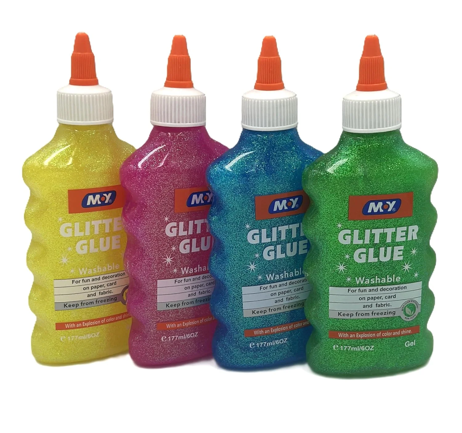 چسب اکلیلی مای | بسته 4 عددی زرد، صورتی، آبی و سبز | 100 میلی لیتر و 177 میلی لیتر | قابل شستشو و مناسب کودکان | عالی برای ساخت اسلایم و کاردستی (177 میلی لیتر)