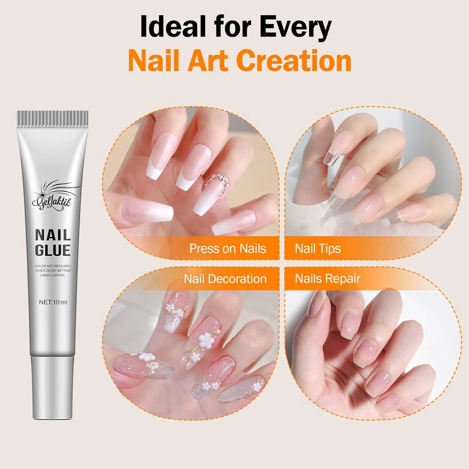 چسب ناخن 10 گرمی ژلاکتیک برای ناخن های مصنوعی - فوق العاده قوی، خشک شدن سریع، چسب بادوام برای ناخن ها و نوک های اکریلیک مصنوعی، بدون نیاز به نور UV، شامل ریموور چسب ناخن برای نوک های مصنوعی