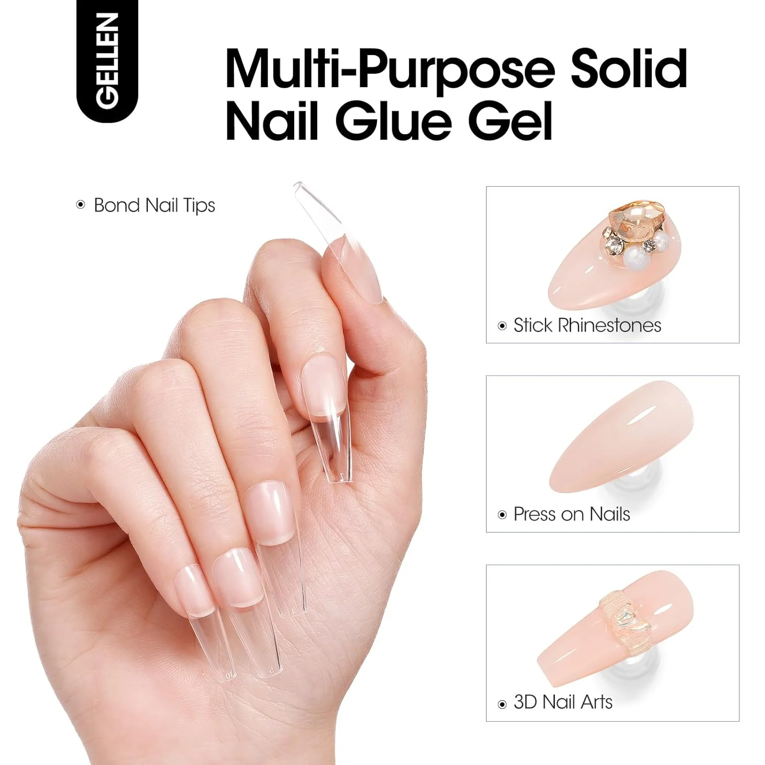 چسب ژل جامد ناخن Gellen به همراه ست ریموور چسب ناخن 60 میلی لیتری، چسب ژل جامد ناخن 15 گرمی برای ناخن های مصنوعی، ناخن های اکریلیک، تیپ های ناخن ژل نرم، ریموور چسب، چسب ژل لامپ UV برای ناخن