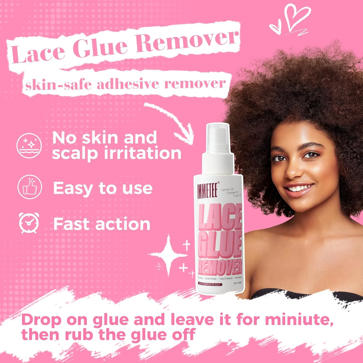 اسپری ریموور اکستنشن مو Immetee، ریموور چسب کلاه گیس و اکستنشن مو با عملکرد سریع، ریموور چسب نواری 120 میلی لیتر