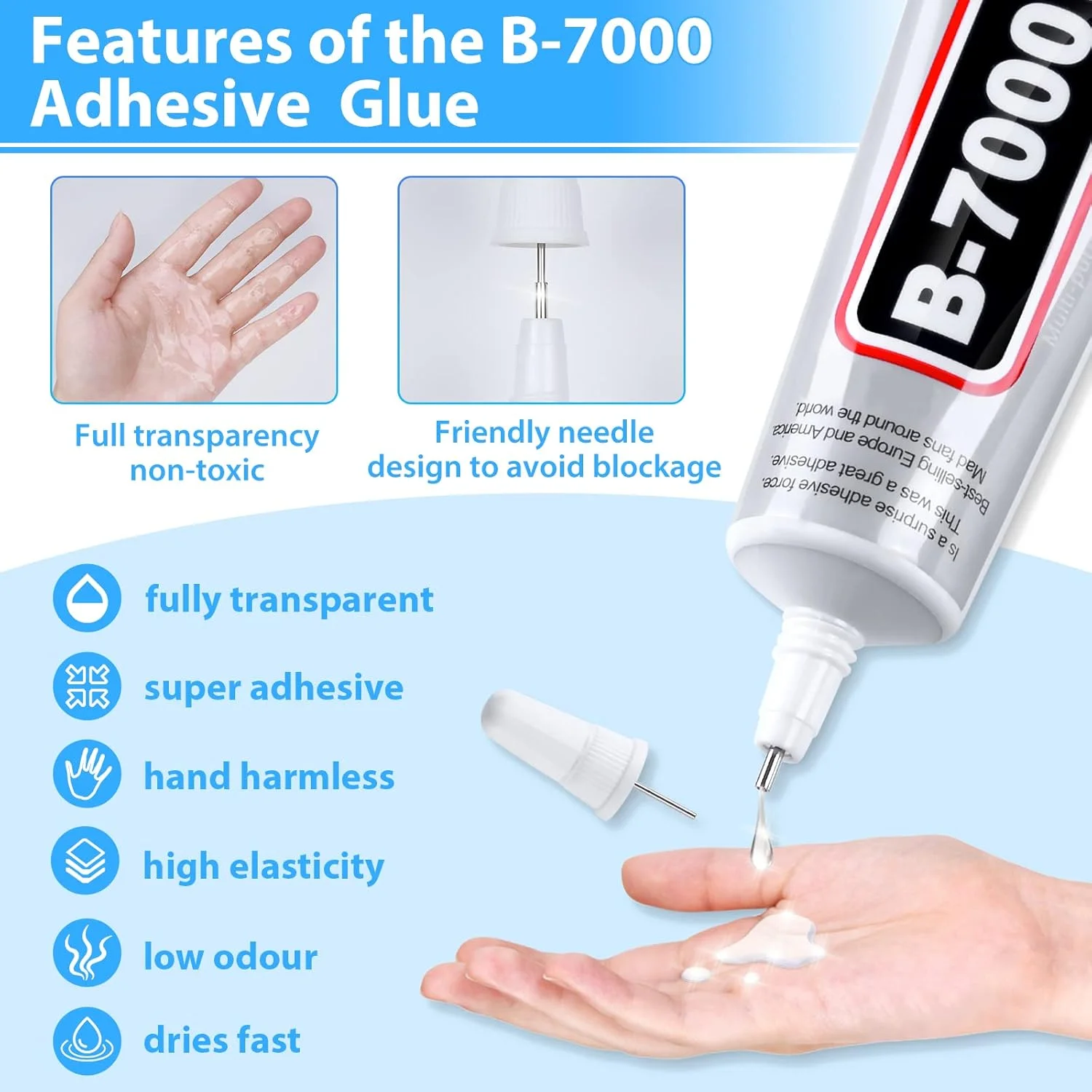 چسب فوق العاده B-7000، چسب صنعتی B7000 مناسب برای نگین، صنایع دستی، لباس، کفش، پارچه، جواهرسازی، تلفن های همراه، تبلت، چوب، لاستیک، چرم و منسوجات (2x50 میلی لیتر/2.1 اونس)