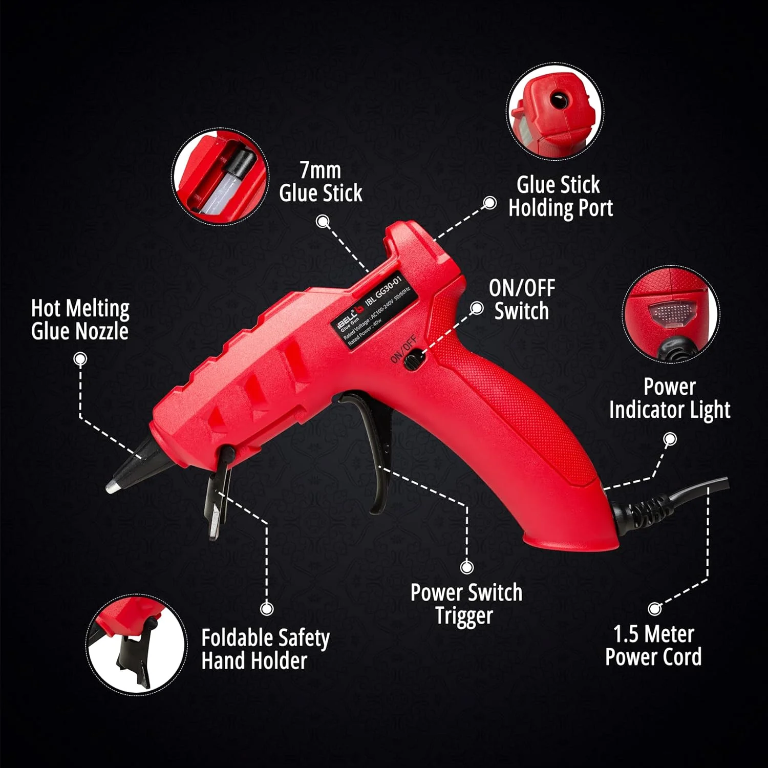 تفنگ چسب حرارتی ایبل مدل GG30-01، 40 وات، دمای بالا، مناسب کارهای سنگین به همراه چسب (سایز: 7 میلی‌متر)