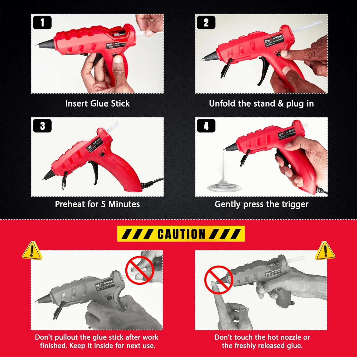 تفنگ چسب حرارتی ایبل مدل GG30-01، 40 وات، دمای بالا، مناسب کارهای سنگین به همراه چسب (سایز: 7 میلی‌متر)