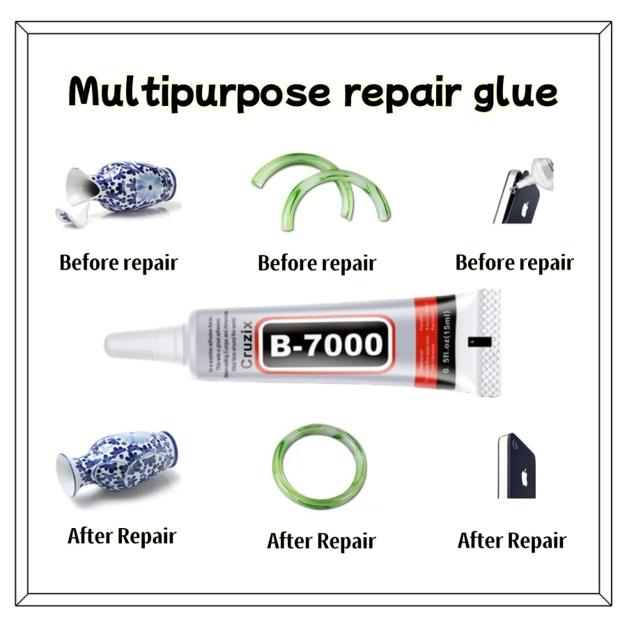 چسب فوق العاده JASORA B-7000 - چسب صنعتی با ویسکوزیته بالا و نیمه روان برای صنایع دستی، لباس، کفش، جواهرسازی، تلفن های همراه، تبلت، چوب، لاستیک، چرم؛ چسب شفاف (5x15 میلی لیتر)