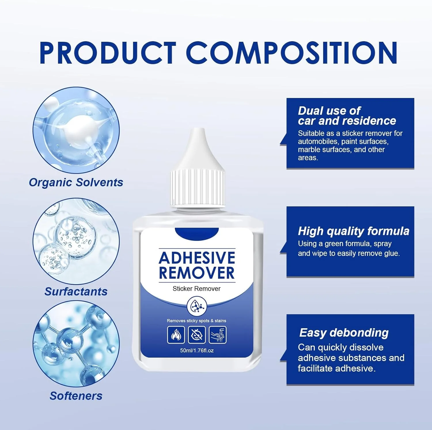 محلول پاک کننده چسب JDLYEVER - 50 میلی لیتر، پاک کننده چسب چند منظوره برای خودرو و مصارف خانگی، حذف موثر بقایای برچسب و لکه های چسب، ضروری برای ترمیم سطح، فرمول غیر آسیب رسان