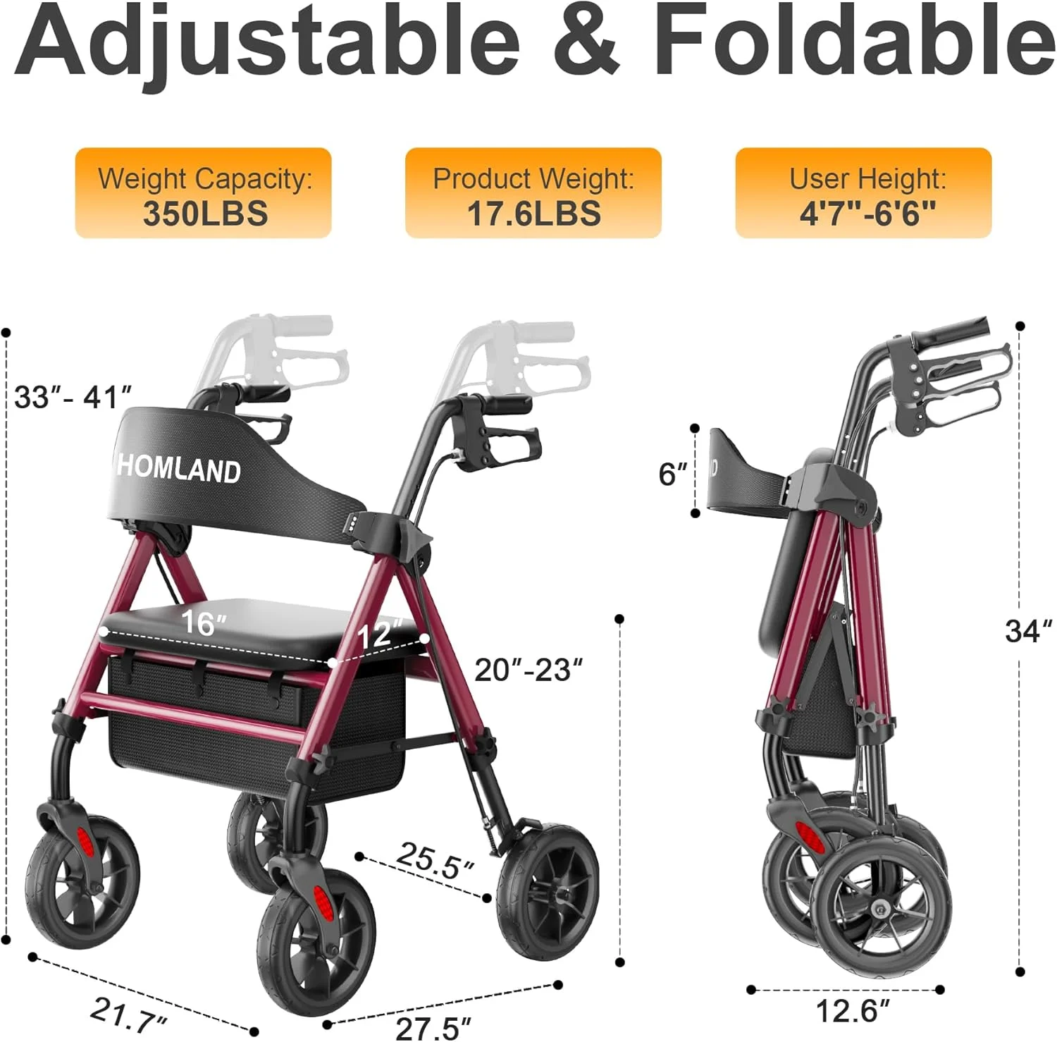 واکر سالمندان هوملند با صندلی، واکر رولیتور تاشو، فریم آلومینیومی تقویت شده، چرخ های لاستیکی بزرگ 8 اینچی برای تمام سطوح، واکر چرخدار سبک وزن با قابلیت تنظیم ارتفاع واکر سالمندان هوملند با صندلی، واکر رولیتور تاشو، فریم آلومینیومی تقویت شده، چرخ های لاستیکی بزرگ 8 اینچی برای تمام سطوح، واکر چرخدار سبک وزن با قابلیت تنظیم ارتفاع