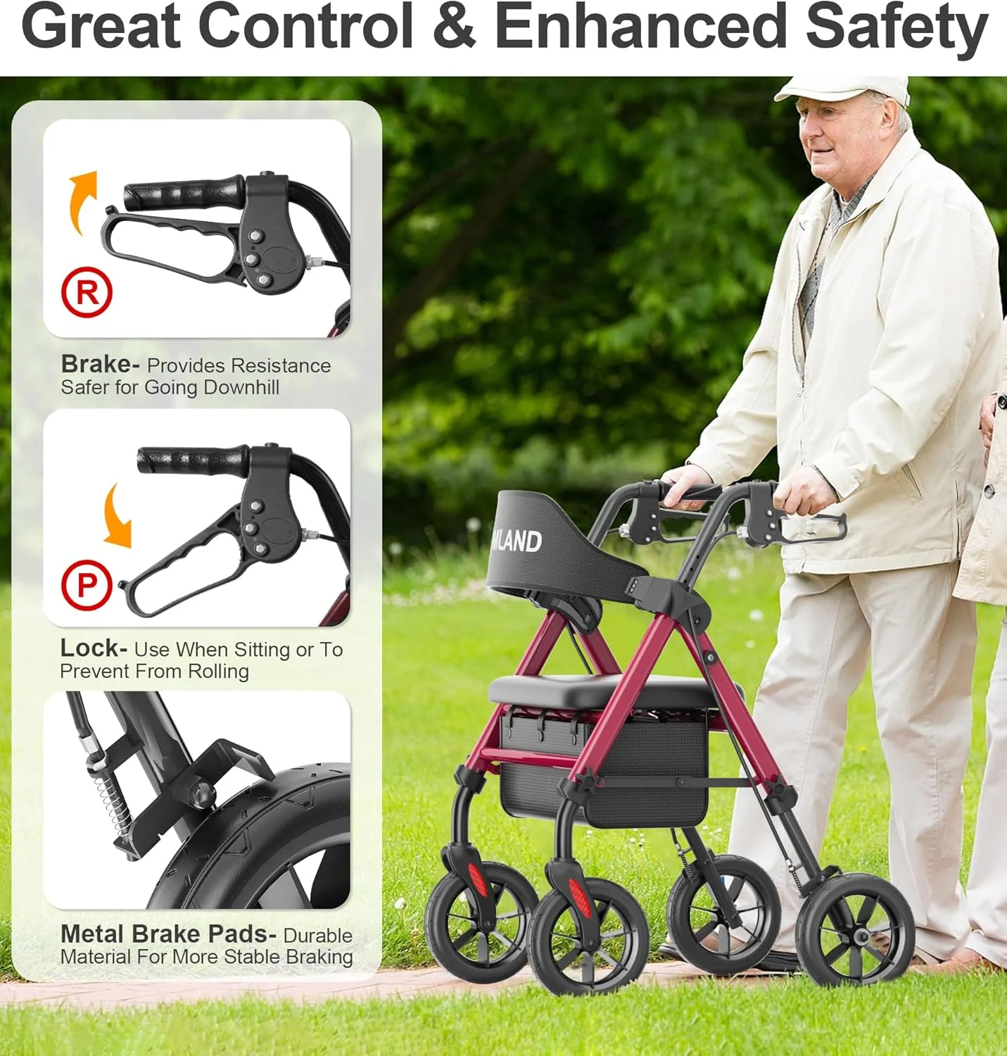 واکر سالمندان هوملند با صندلی، واکر رولیتور تاشو، فریم آلومینیومی تقویت شده، چرخ های لاستیکی بزرگ 8 اینچی برای تمام سطوح، واکر چرخدار سبک وزن با قابلیت تنظیم ارتفاع واکر سالمندان هوملند با صندلی، واکر رولیتور تاشو، فریم آلومینیومی تقویت شده، چرخ های لاستیکی بزرگ 8 اینچی برای تمام سطوح، واکر چرخدار سبک وزن با قابلیت تنظیم ارتفاع