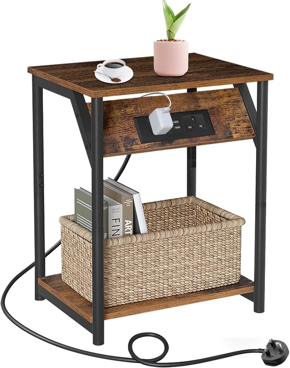 میز عسلی Cestbella با ایستگاه شارژ، میز کنار تختی با پورت های USB و پریز برق، دارای 2 طبقه قفسه نگهداری، میز کنار تخت خواب برای اتاق خواب، پایه مبل مربعی، پایه گوشه ای برای اتاق نشیمن، ابعاد 40x28x60 سانتی متر