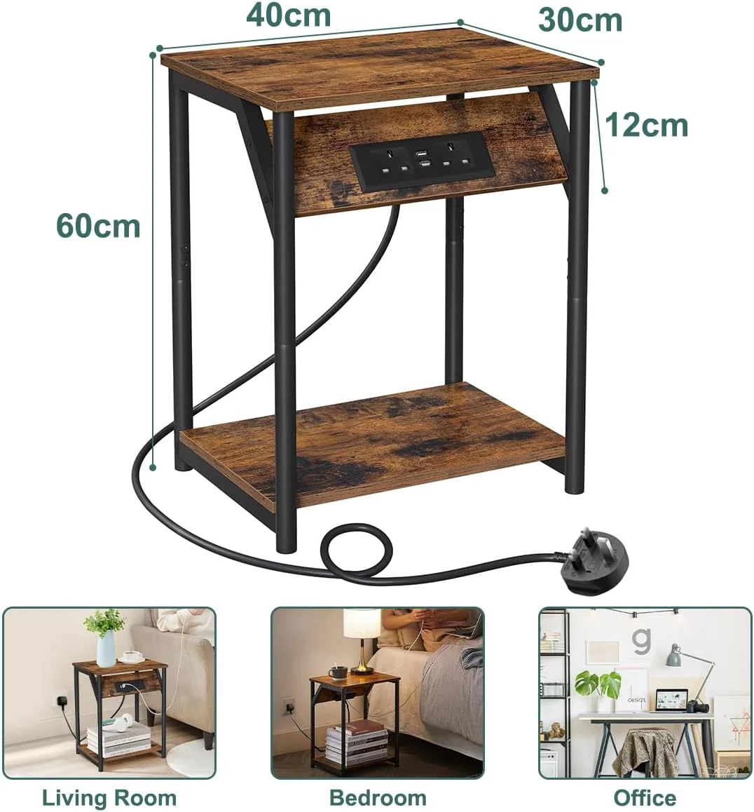 میز عسلی Cestbella با ایستگاه شارژ، میز کنار تختی با پورت های USB و پریز برق، دارای 2 طبقه قفسه نگهداری، میز کنار تخت خواب برای اتاق خواب، پایه مبل مربعی، پایه گوشه ای برای اتاق نشیمن، ابعاد 40x28x60 سانتی متر