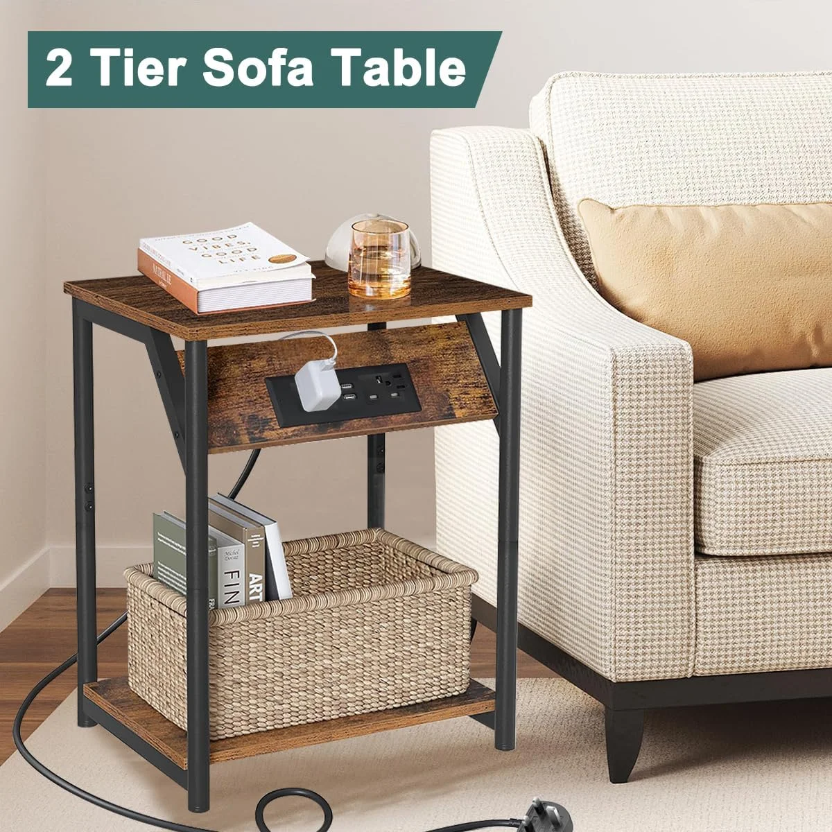 میز عسلی Cestbella با ایستگاه شارژ، میز کنار تختی با پورت های USB و پریز برق، دارای 2 طبقه قفسه نگهداری، میز کنار تخت خواب برای اتاق خواب، پایه مبل مربعی، پایه گوشه ای برای اتاق نشیمن، ابعاد 40x28x60 سانتی متر