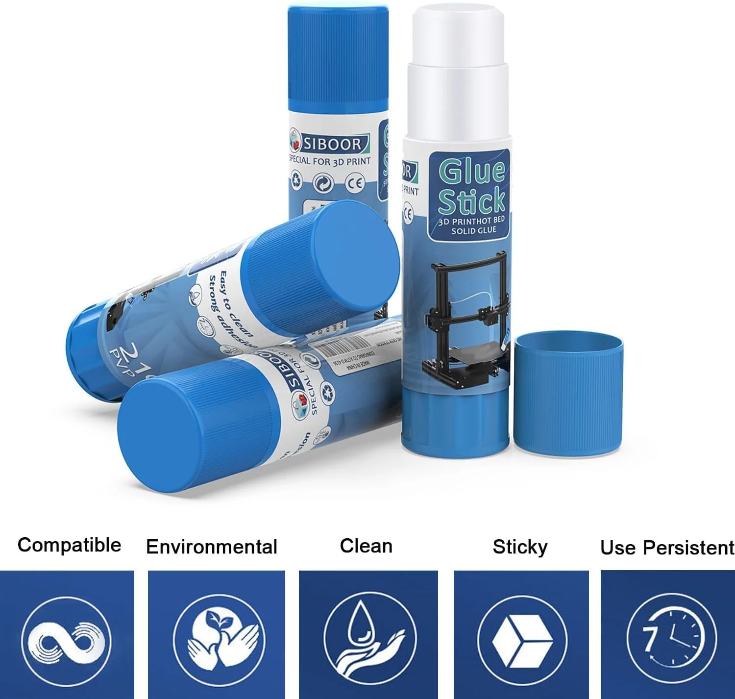 چسب ماتیکی PVP پرینتر سه بعدی، جلوگیری از تاب برداشتن، جدا سازی آسان، چسبندگی قوی، قابل شستشو، استیکرهای بستر حرارتی برای چاپ صاف، مجموعه 6 عددی