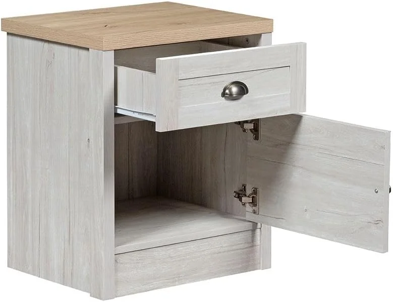 میز کنار تختی یک کشو و یک درب کمبریج Danube Home | میز کنار تختی چند منظوره | میز کنار تختی کم جا | مبلمان مدرن برای اتاق خواب L45xW40xH60cm - بلوط و بلوط سفید میز کنار تختی یک کشو و یک درب کمبریج Danube Home | میز کنار تختی چند منظوره | میز کنار تختی کم جا | مبلمان مدرن برای اتاق خواب L45xW40xH60cm - بلوط و بلوط سفید