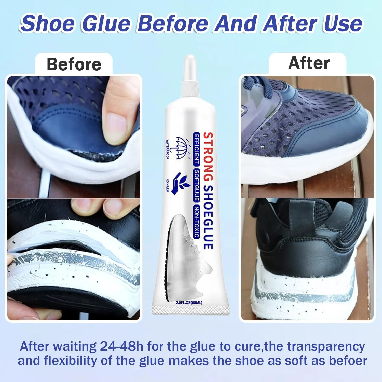 چسب تعمیر کفش حرفه ای - چسب شفاف و قوی برای کفش های کتانی، چرمی، کوهنوردی و ورزشی - اتصال ضد آب با نوک دقیق - تعمیر ماندگار برای زیره و پاشنه (60 میلی لیتر)