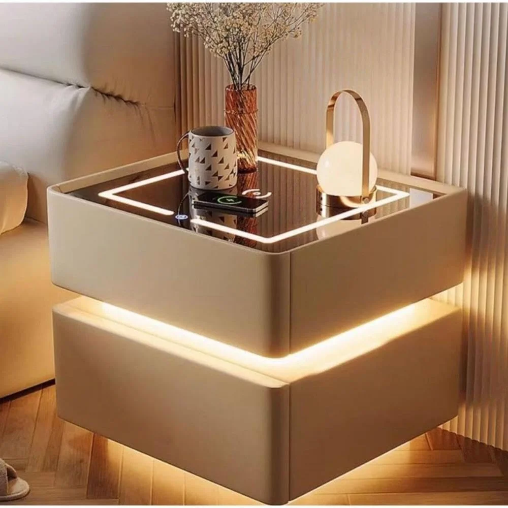 میز کنار تختی هوشمند FENGMINGOO، میز کنار تختی 2 طبقه، چراغ سه رنگ حسگر خودکار، میز کنار تختی چوبی با شارژ بی سیم، برای اتاق خواب، اتاق نشیمن، لابی (خاکی)