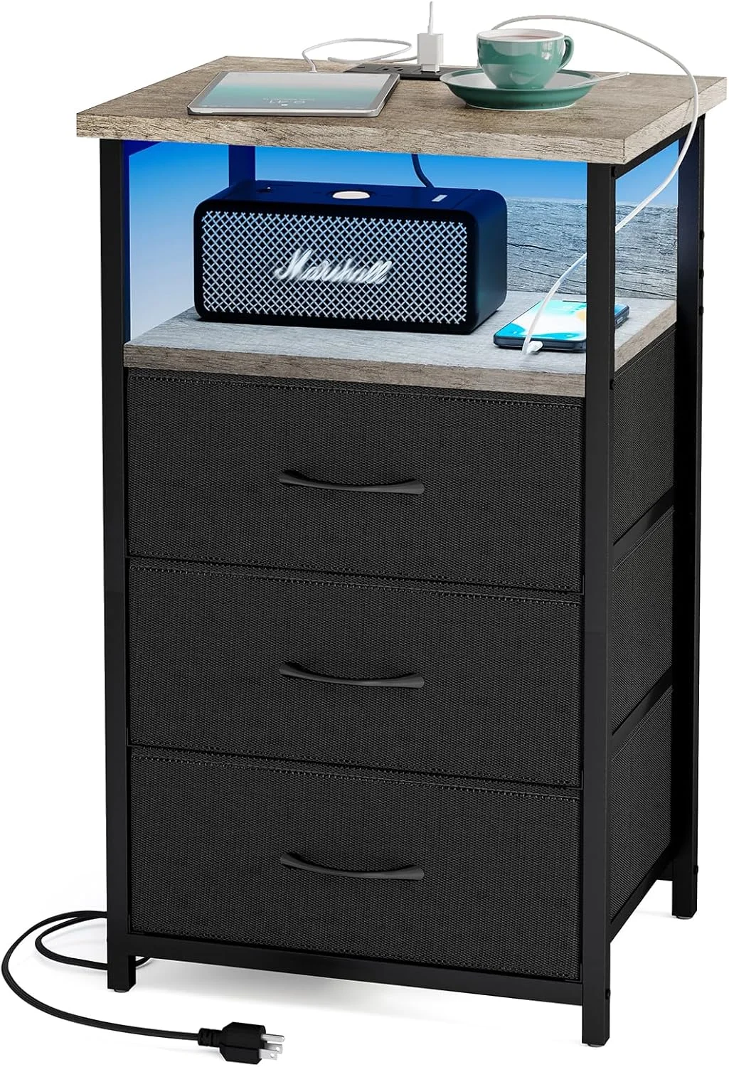 میز پاتختی Fixwal با ایستگاه شارژ، میز کنار تختی LED با کشوهای پارچه ای، میز عسلی با روکش PU، میز کنار تخت خواب، بلوط فرانسوی