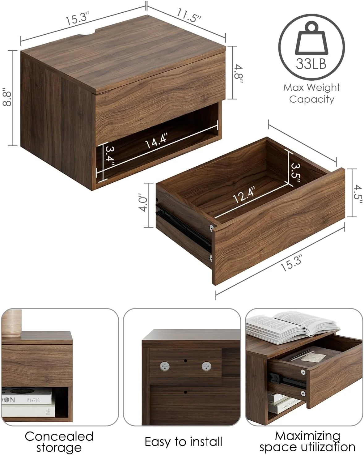 میز کنار تختی شناور، میز کنار تختی شناور مدرن کوچک با کشو، قفسه های شناور برای اتاق خواب، حمام (گردویی قهوه ای) میز کنار تختی شناور، میز کنار تختی شناور مدرن کوچک با کشو، قفسه های شناور برای اتاق خواب، حمام (گردویی قهوه ای)