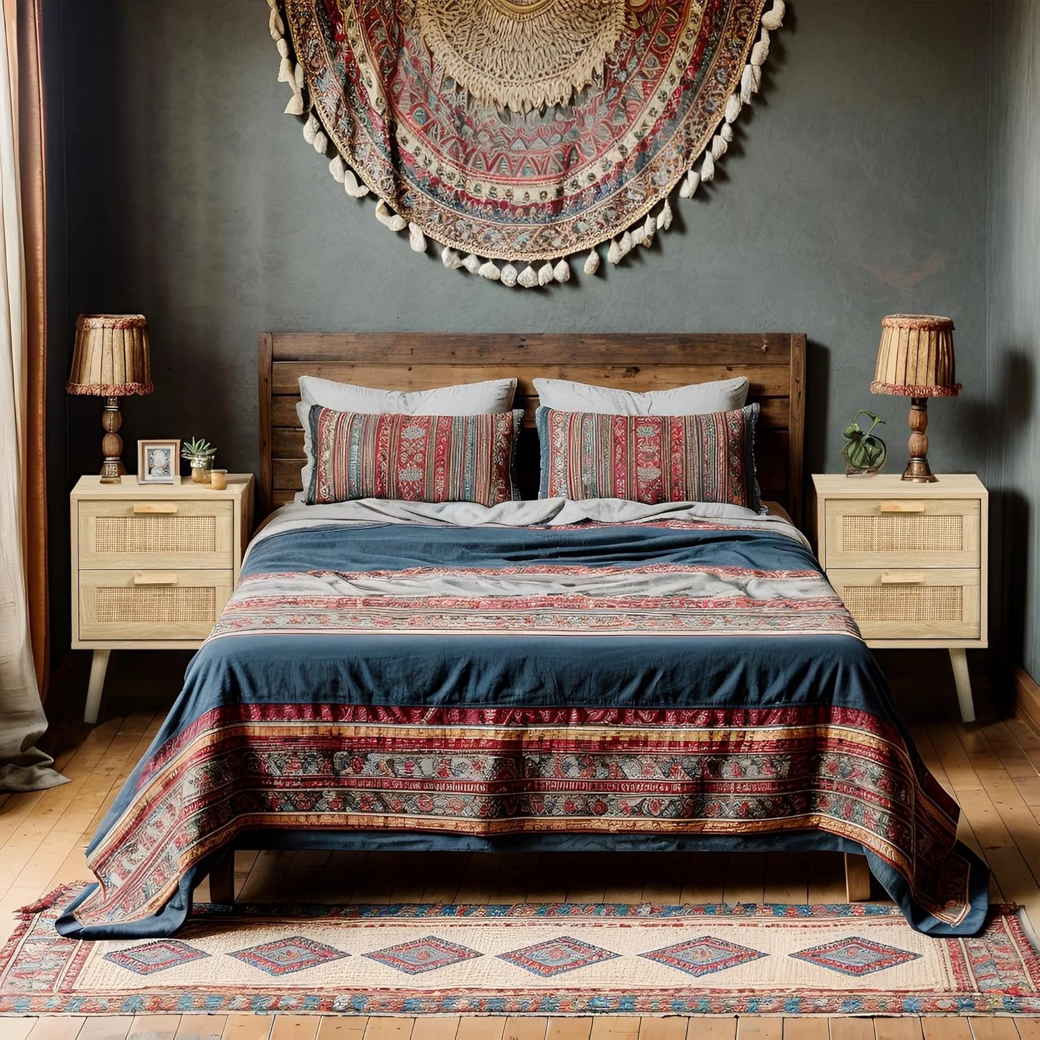 میز پاتختی Finnhomy، میز کنار تختی، میز عسلی با 2 کشو با تزئینات حصیری دست ساز، ست 2 عددی میز پاتختی، میز چوبی با فضای ذخیره سازی برای اتاق خواب، رنگ طبیعی، بسته 2 عددی