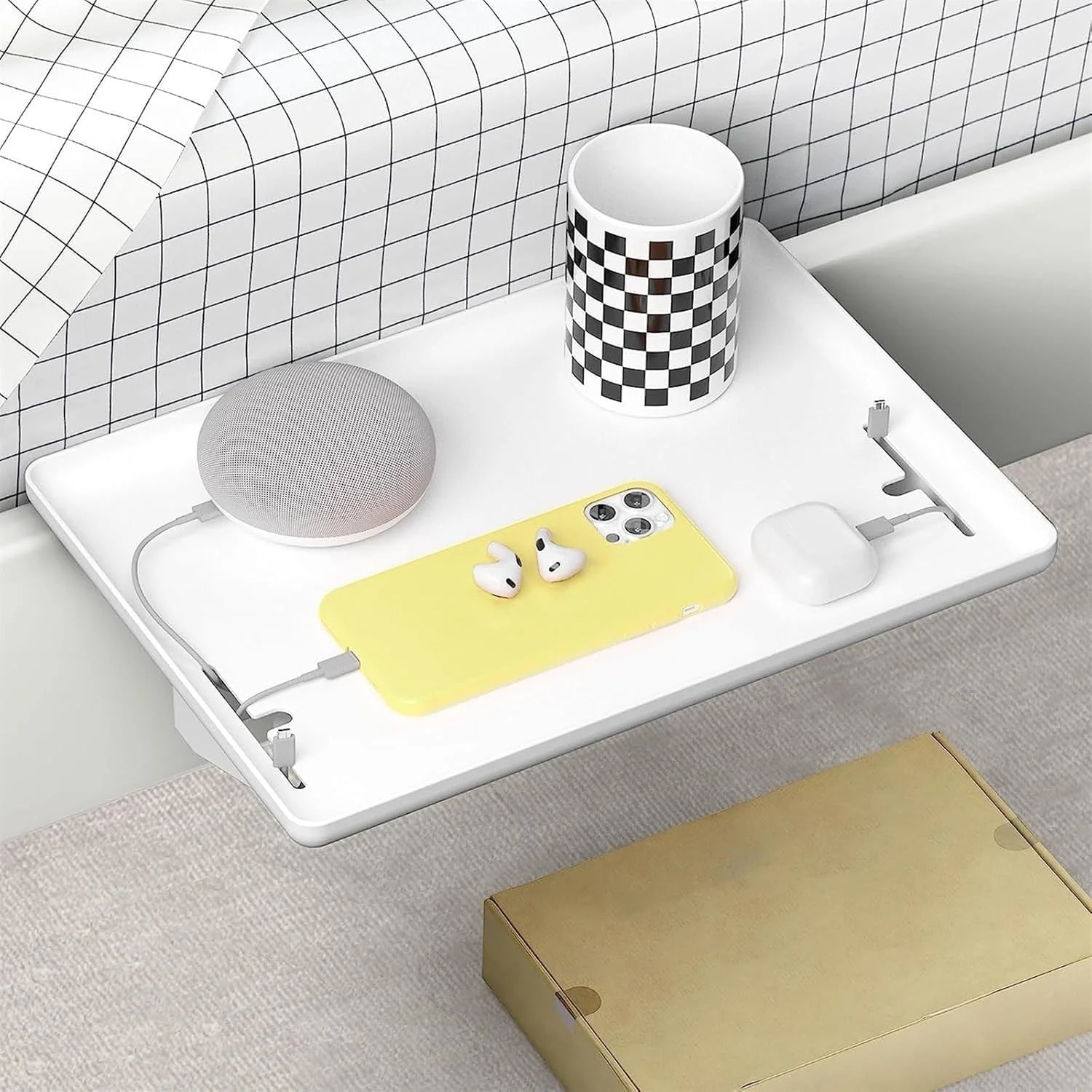 شلف کنار تختی Fohome، میز کنار تختی شناور گیره ای مدرن و سینی شلف کنار تخت خواب، میز کنار تختی گیره ای، سازمان دهنده سینی میز کنار تخت برای خانه، خوابگاه، آپارتمان (سفید)