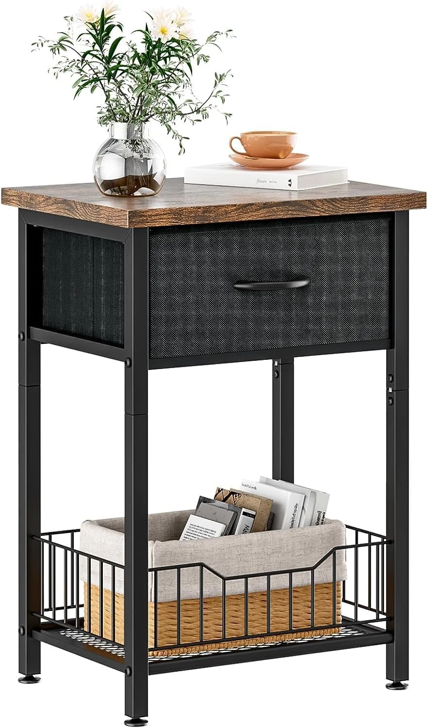 میز کنار تختی فورثکن، میز عسلی با قفسه باز، میز جانبی با کشو پارچه ای و قفسه ذخیره سازی، میز کنار تخت برای اتاق خواب، اتاق نشیمن، راهرو، فضای کوچک (قهوه ای روستایی + مشکی)