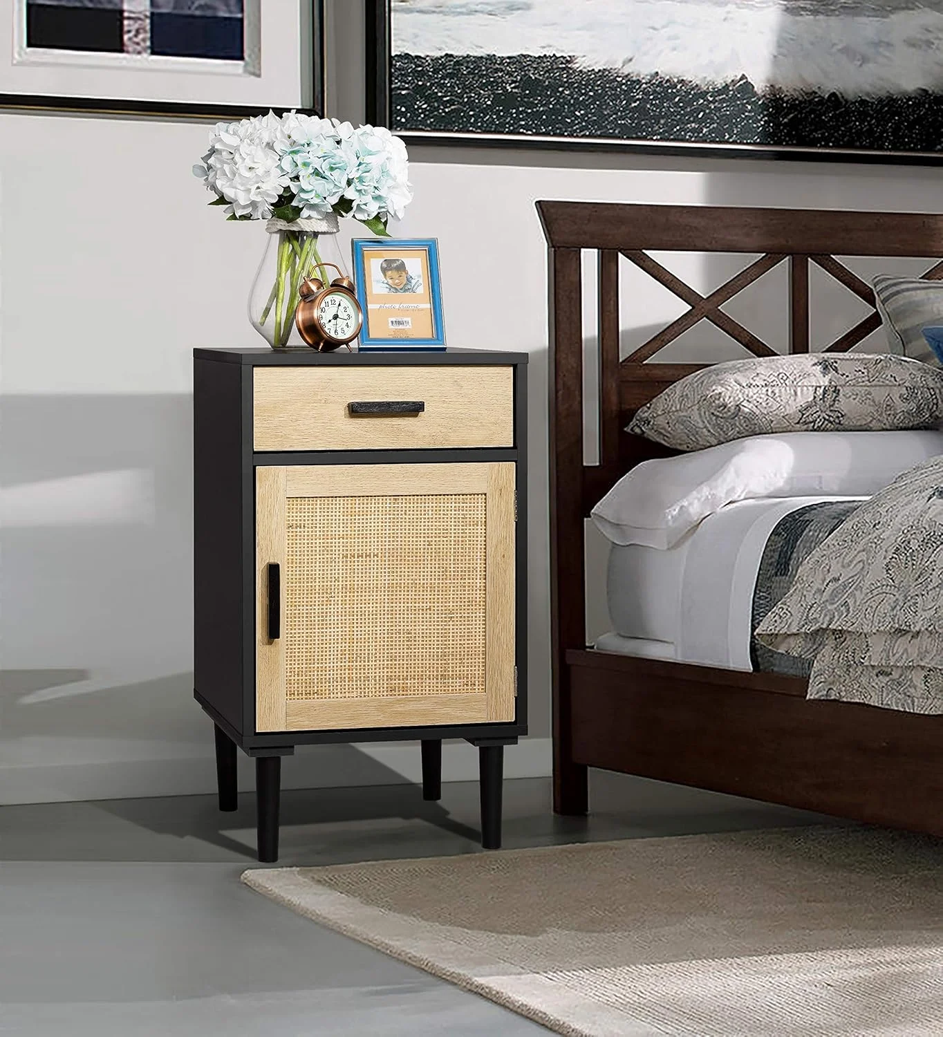 ست 2 عددی میز پاتختی بلند Finnhomy، میز کنار تختی، ست 2 عددی میز کنار تخت با کشو و قفسه، درب های تزئین شده با راتان دست ساز، میزهای کنار تختی با فضای ذخیره سازی برای اتاق خواب، مشکی، بسته 2 عددی ست 2 عددی میز پاتختی بلند Finnhomy، میز کنار تختی، ست 2 عددی میز کنار تخت با کشو و قفسه، درب های تزئین شده با راتان دست ساز، میزهای کنار تختی با فضای ذخیره سازی برای اتاق خواب، مشکی، بسته 2 عددی