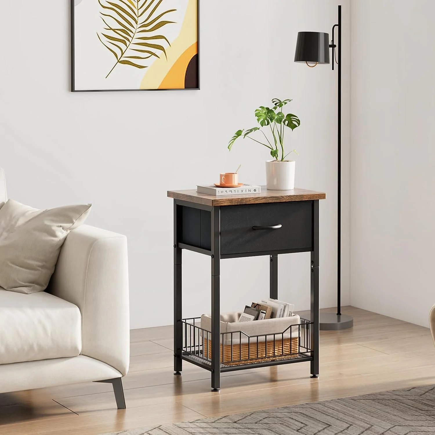 میز کنار تختی فورثکن، میز عسلی با قفسه باز، میز جانبی با کشو پارچه ای و قفسه ذخیره سازی، میز کنار تخت برای اتاق خواب، اتاق نشیمن، راهرو، فضای کوچک (قهوه ای روستایی + مشکی) میز کنار تختی فورثکن، میز عسلی با قفسه باز، میز جانبی با کشو پارچه ای و قفسه ذخیره سازی، میز کنار تخت برای اتاق خواب، اتاق نشیمن، راهرو، فضای کوچک (قهوه ای روستایی + مشکی)