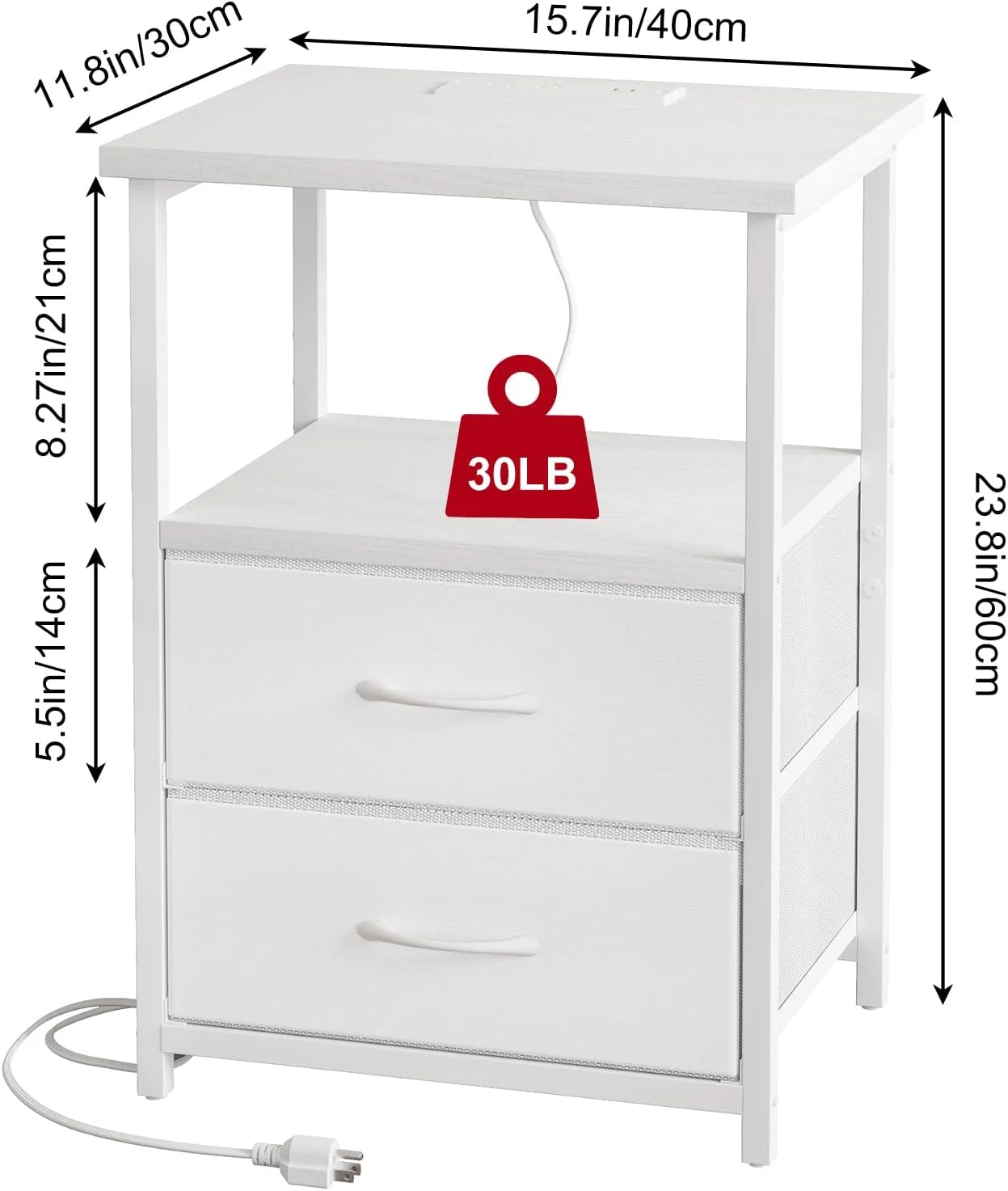 میز پاتختی Fixwal مدل White Night با ایستگاه شارژ، میز کنار تختی اتاق خواب با کشوهای پارچه ای، میز کنار تخت با روکش PU میز پاتختی Fixwal مدل White Night با ایستگاه شارژ، میز کنار تختی اتاق خواب با کشوهای پارچه ای، میز کنار تخت با روکش PU