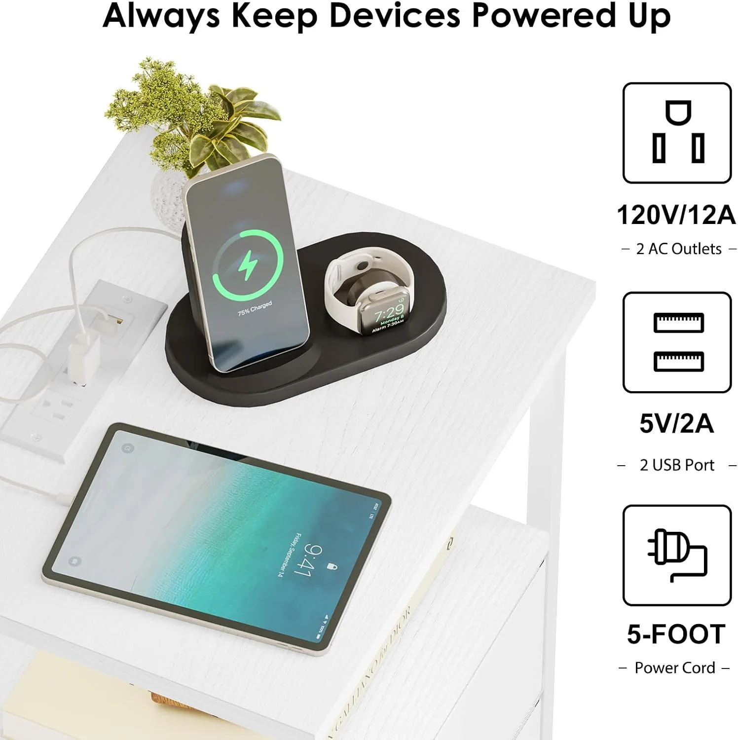 میز پاتختی Fixwal مدل White Night با ایستگاه شارژ، میز کنار تختی اتاق خواب با کشوهای پارچه ای، میز کنار تخت با روکش PU میز پاتختی Fixwal مدل White Night با ایستگاه شارژ، میز کنار تختی اتاق خواب با کشوهای پارچه ای، میز کنار تخت با روکش PU