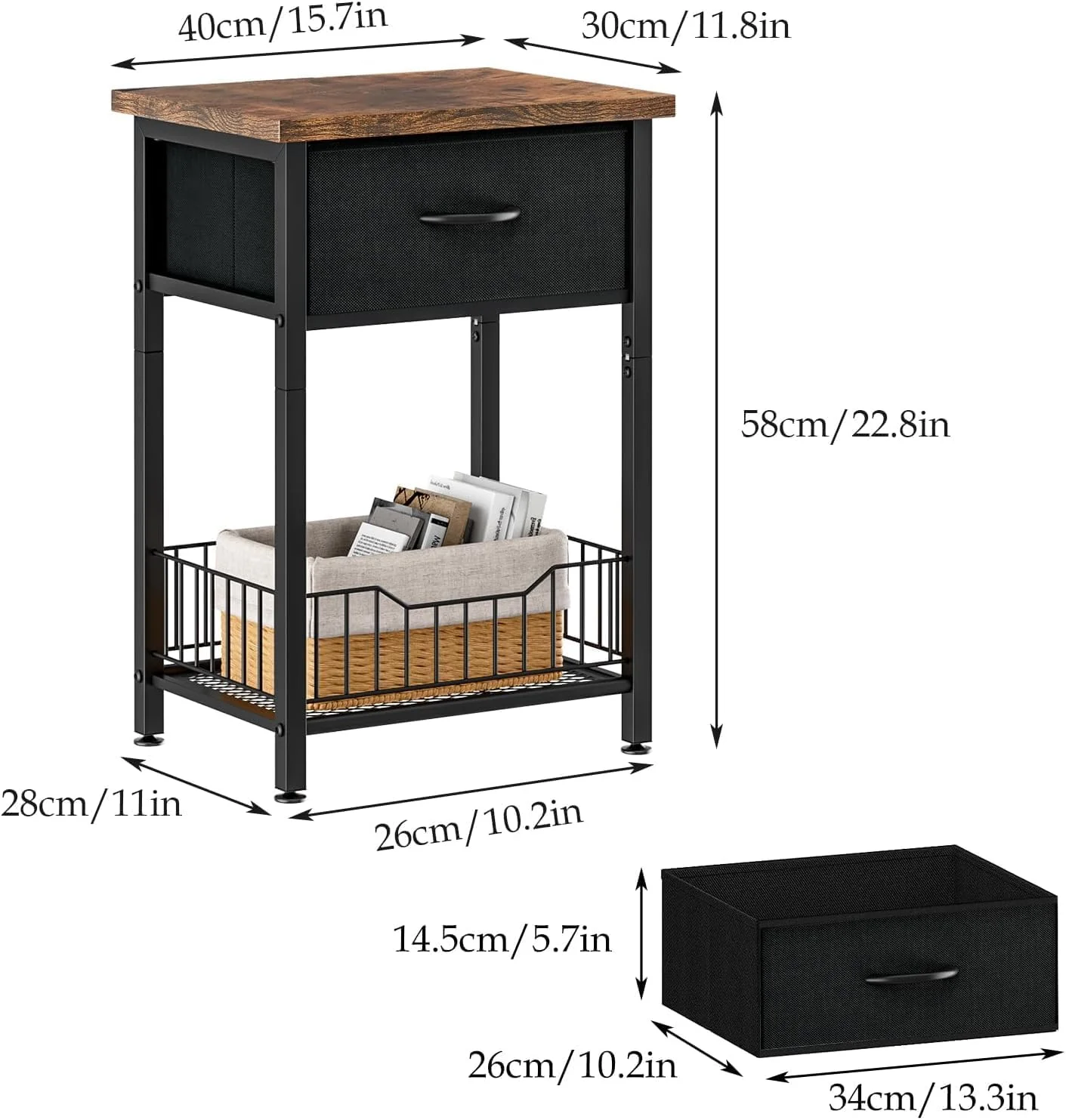 میز کنار تختی فورثکن، میز عسلی با قفسه باز، میز جانبی با کشو پارچه ای و قفسه ذخیره سازی، میز کنار تخت برای اتاق خواب، اتاق نشیمن، راهرو، فضای کوچک (قهوه ای روستایی + مشکی) میز کنار تختی فورثکن، میز عسلی با قفسه باز، میز جانبی با کشو پارچه ای و قفسه ذخیره سازی، میز کنار تخت برای اتاق خواب، اتاق نشیمن، راهرو، فضای کوچک (قهوه ای روستایی + مشکی)