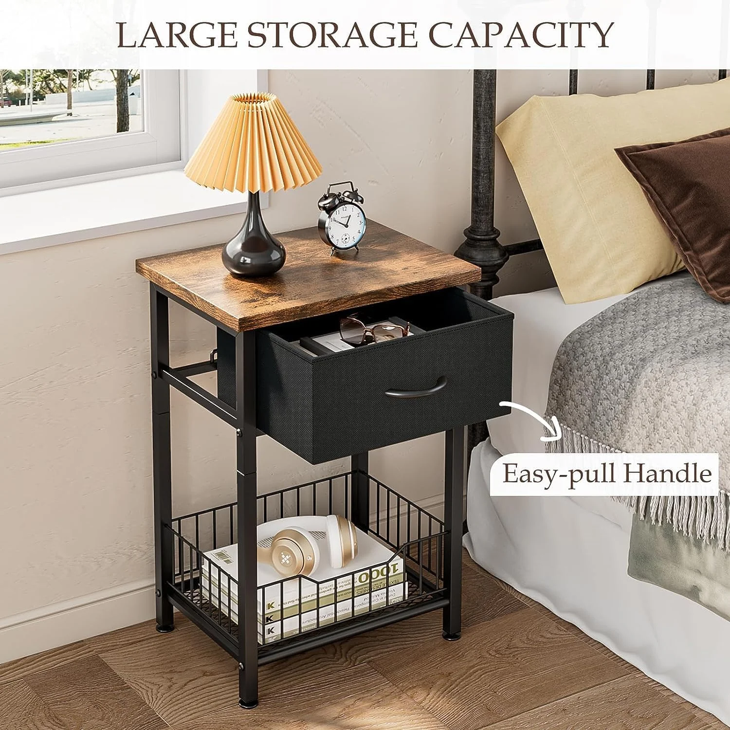 میز کنار تختی فورثکن، میز عسلی با قفسه باز، میز جانبی با کشو پارچه ای و قفسه ذخیره سازی، میز کنار تخت برای اتاق خواب، اتاق نشیمن، راهرو، فضای کوچک (قهوه ای روستایی + مشکی) میز کنار تختی فورثکن، میز عسلی با قفسه باز، میز جانبی با کشو پارچه ای و قفسه ذخیره سازی، میز کنار تخت برای اتاق خواب، اتاق نشیمن، راهرو، فضای کوچک (قهوه ای روستایی + مشکی)