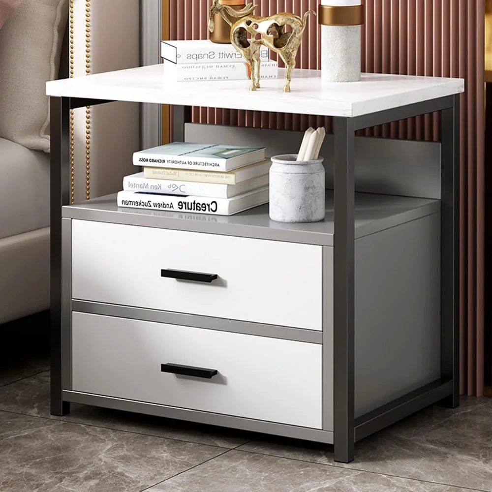 کابینت کشویی کنار تختی IEW، میز کنار تختی 2 کشویی برای اتاق خواب و نشیمن با قفسه باز و قاب فلزی (سفید)