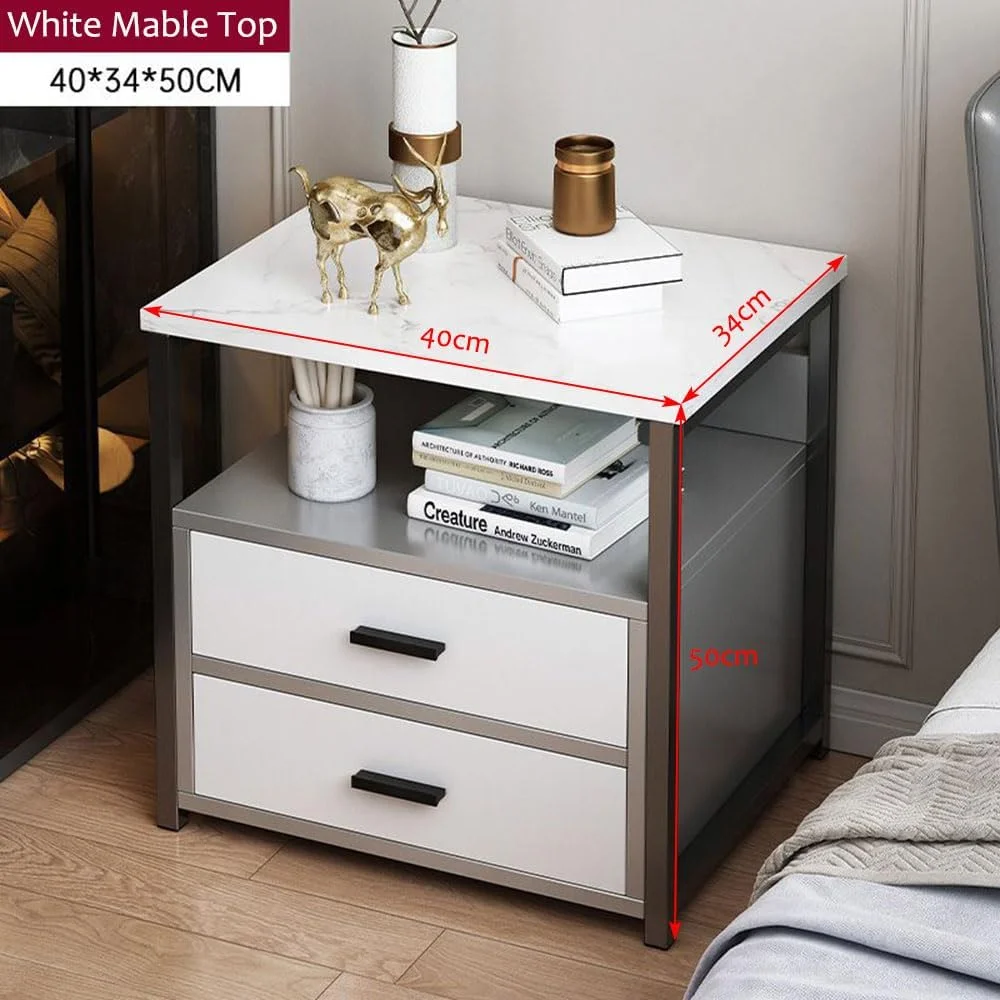 کابینت کشویی کنار تختی IEW، میز کنار تختی 2 کشویی برای اتاق خواب و نشیمن با قفسه باز و قاب فلزی (سفید)