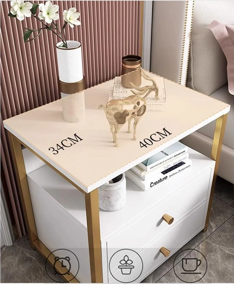 کابینت کشویی کنار تختی IEW، میز کنار تختی 2 کشویی برای اتاق خواب و نشیمن با قفسه باز و قاب فلزی (سفید)