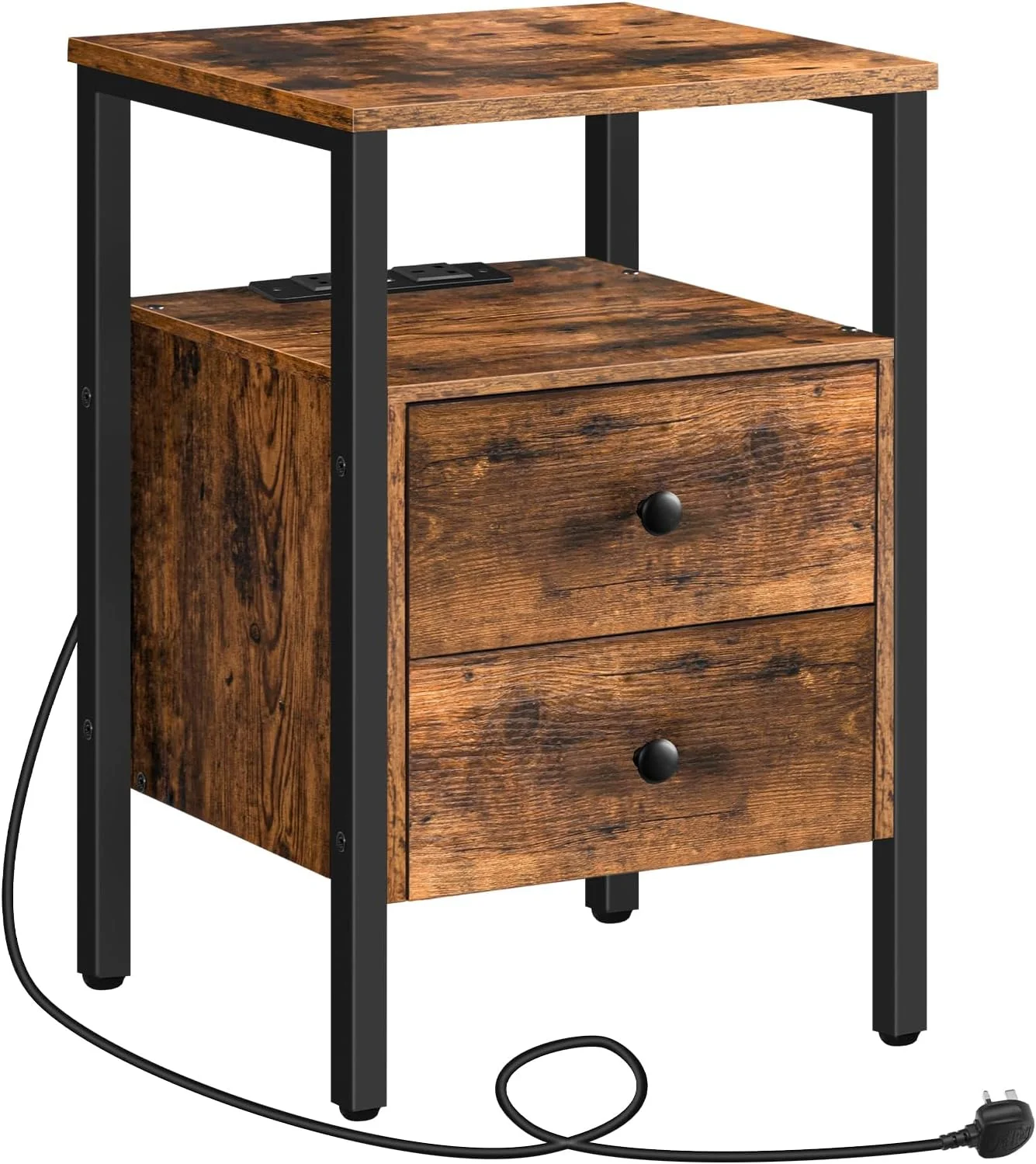 میز کنار تختی بلند هووبرو با کشو، میز پاتختی بلند با پورت شارژ، میز کنار مبلی صنعتی برای اتاق خواب، میز کنار مبل بلند برای اتاق نشیمن، قهوه ای روستیک و مشکی EBF43KBZ01G2