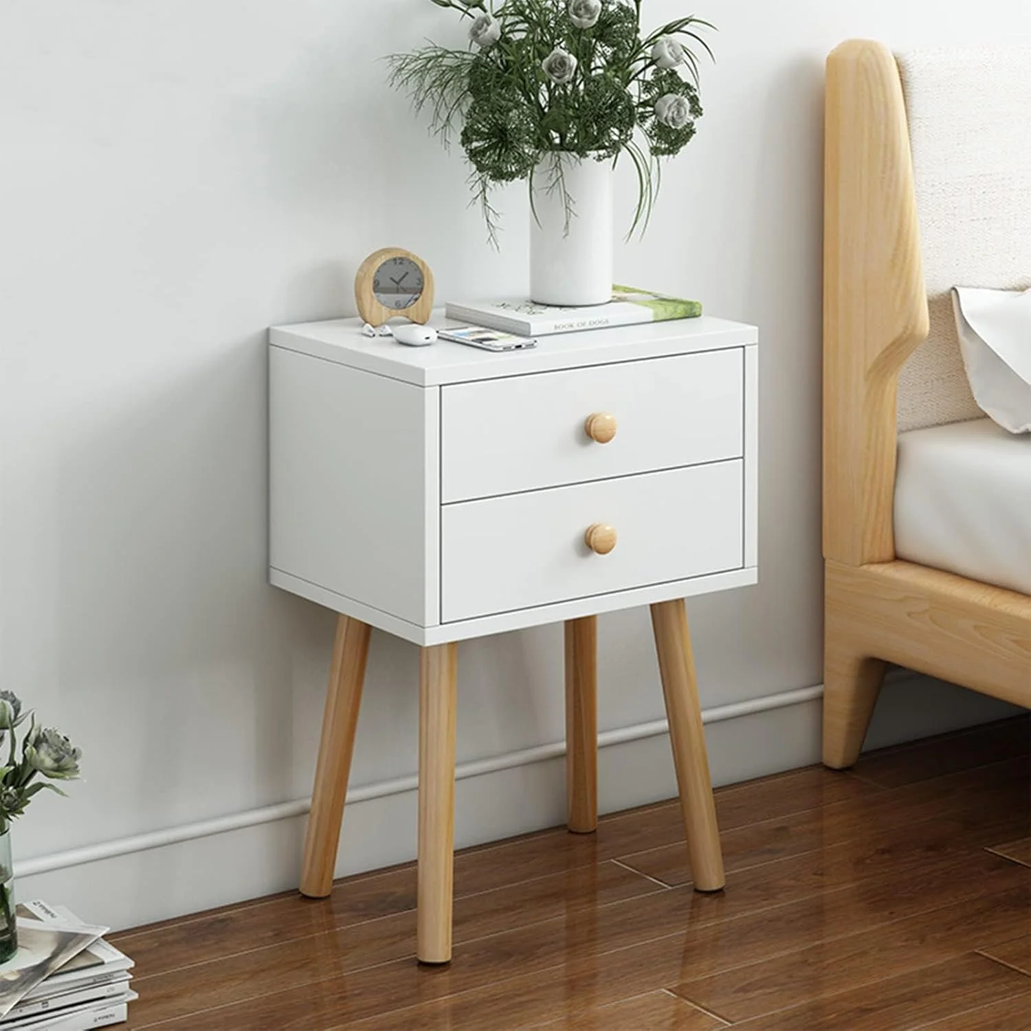 میز پاتختی چوبی مدرن HYTTER با کشو، میز کنار تختی کوچک اتاق خواب، کابینت کنار تختی سفید برای اتاق خواب (1 عدد، دو کشو) میز پاتختی چوبی مدرن HYTTER با کشو، میز کنار تختی کوچک اتاق خواب، کابینت کنار تختی سفید برای اتاق خواب (1 عدد، دو کشو)