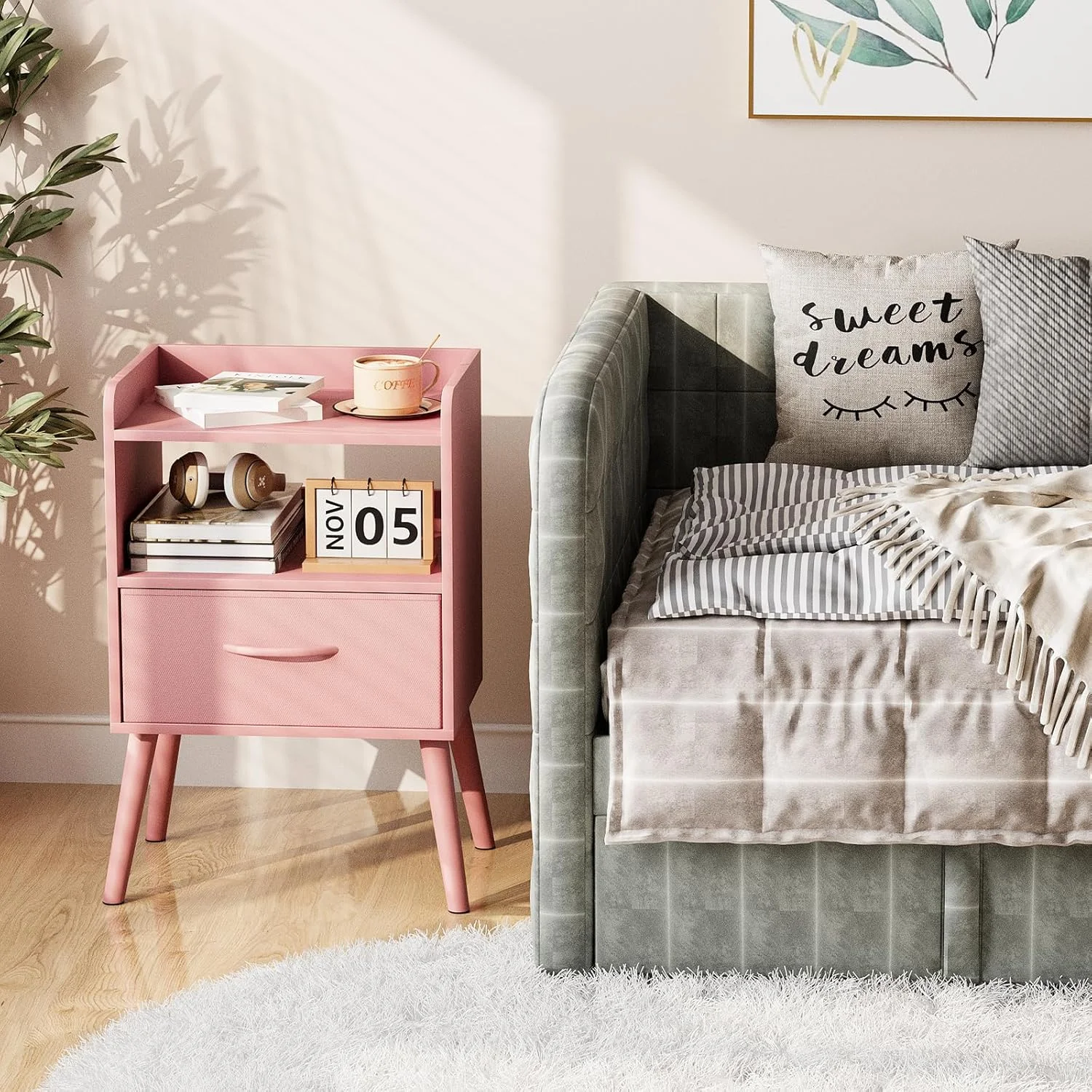 میز پاتختی Huhote با قفسه باز، میز کنار تختی با کشو، میزهای عسلی، میز کنار تخت با پایه های چوبی محکم، میزهای پاتختی اواسط قرن برای اتاق خواب، مبل، فضاهای کوچک (صورتی) میز پاتختی Huhote با قفسه باز، میز کنار تختی با کشو، میزهای عسلی، میز کنار تخت با پایه های چوبی محکم، میزهای پاتختی اواسط قرن برای اتاق خواب، مبل، فضاهای کوچک (صورتی)