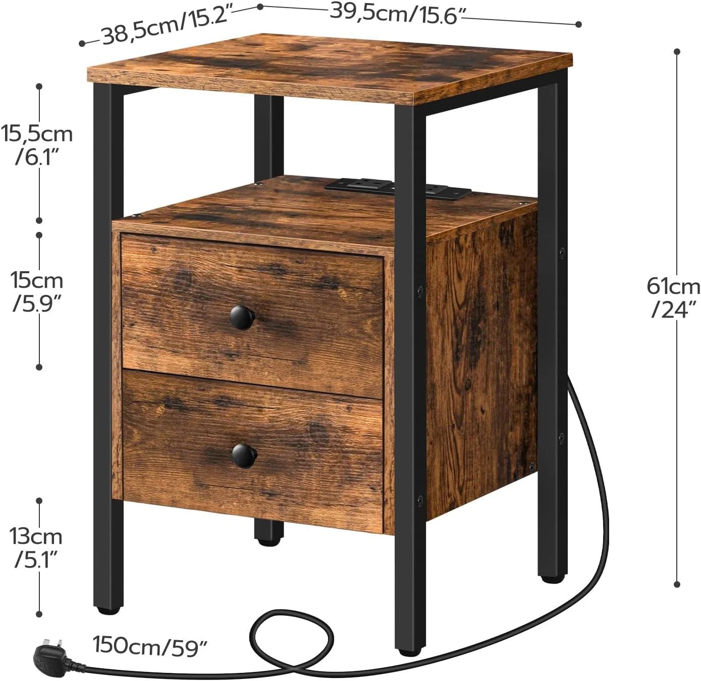 میز کنار تختی بلند هووبرو با کشو، میز پاتختی بلند با پورت شارژ، میز کنار مبلی صنعتی برای اتاق خواب، میز کنار مبل بلند برای اتاق نشیمن، قهوه ای روستیک و مشکی EBF43KBZ01G2 میز کنار تختی بلند هووبرو با کشو، میز پاتختی بلند با پورت شارژ، میز کنار مبلی صنعتی برای اتاق خواب، میز کنار مبل بلند برای اتاق نشیمن، قهوه ای روستیک و مشکی EBF43KBZ01G2