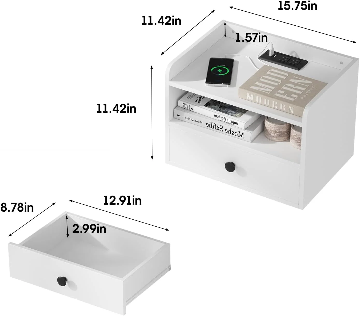 ست 2 عددی میز پاتختی شناور سفید HOSEOKA با ایستگاه شارژ و کشو، میز کنار تختی کوچک با پریز، میز پاتختی مدرن شناور برای اتاق خواب، ست 2 عددی میز پاتختی دیواری چوبی سفید