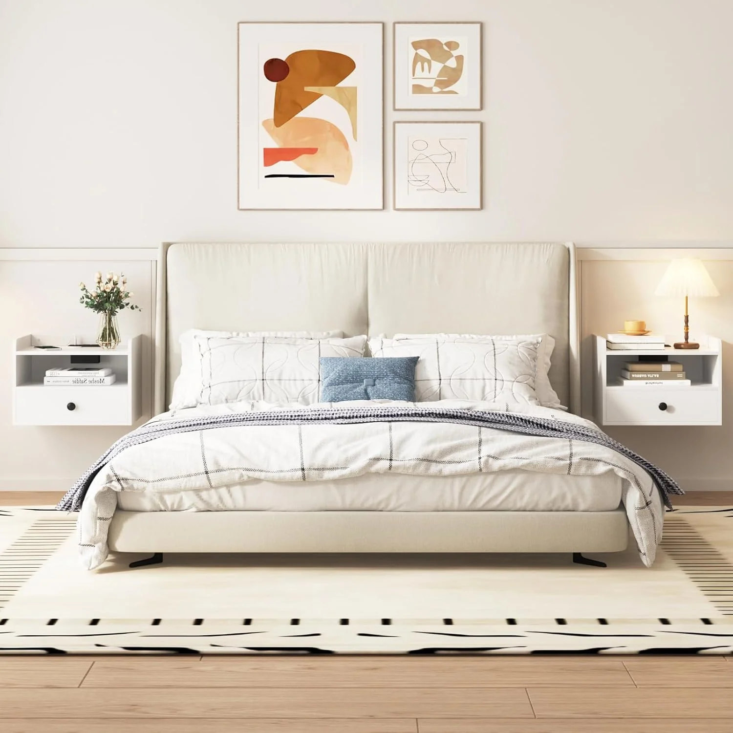 ست 2 عددی میز پاتختی شناور سفید HOSEOKA با ایستگاه شارژ و کشو، میز کنار تختی کوچک با پریز، میز پاتختی مدرن شناور برای اتاق خواب، ست 2 عددی میز پاتختی دیواری چوبی سفید