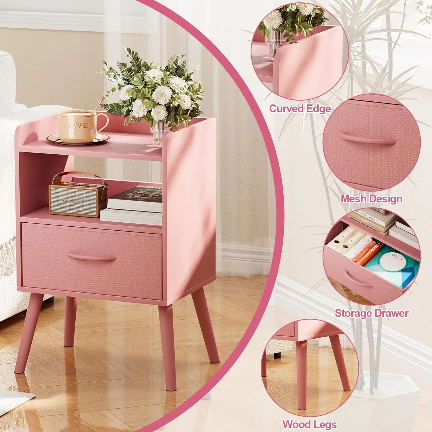 میز پاتختی Huhote با قفسه باز، میز کنار تختی با کشو، میزهای عسلی، میز کنار تخت با پایه های چوبی محکم، میزهای پاتختی اواسط قرن برای اتاق خواب، مبل، فضاهای کوچک (صورتی) میز پاتختی Huhote با قفسه باز، میز کنار تختی با کشو، میزهای عسلی، میز کنار تخت با پایه های چوبی محکم، میزهای پاتختی اواسط قرن برای اتاق خواب، مبل، فضاهای کوچک (صورتی)