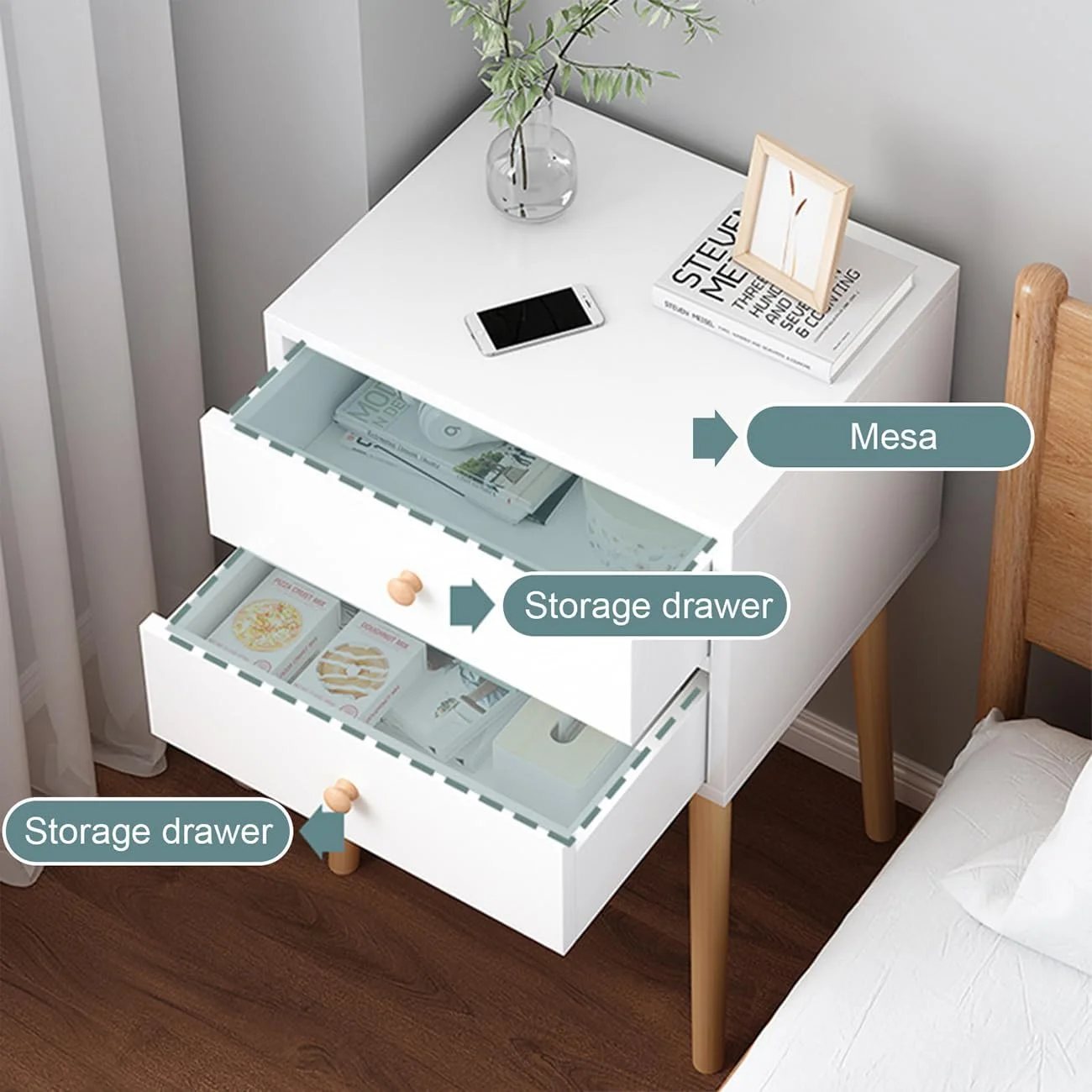 میز کنار تختی KLONOX، میز کنار تختی مدرن با پایه های چوبی محکم، کابینت نگهداری کنار تخت با کشو، مناسب برای اتاق خواب، اتاق نشیمن (دو طبقه) میز کنار تختی KLONOX، میز کنار تختی مدرن با پایه های چوبی محکم، کابینت نگهداری کنار تخت با کشو، مناسب برای اتاق خواب، اتاق نشیمن (دو طبقه)