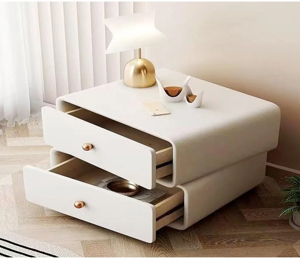 میز پاتختی چرمی مدرن Kutis با قابلیت چرخش 360 درجه و 2 کشو - میز کنار تختی مینیمالیستی و چند منظوره، میز عسلی کنار مبل و میز پاتختی با چرخش 360 درجه، ابعاد 50x40x48 سانتی متر