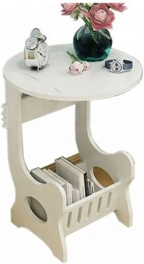 میز پاتختی چوبی سفید KUTIS - میز مطالعه گرد با قفسه کتاب داخلی - میز کنار مبلی کوچک برای ساعت، دکور و لوازم ضروری 55x55x65 سانتی متر