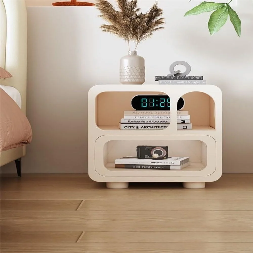 میز پاتختی چند منظوره با گوشه‌های گرد Kutis، طراحی خلاقانه، دارای کشوی شیشه‌ای شفاف و دستگیره نرم، مناسب اتاق خواب و نشیمن، ابعاد 50x35x55 سانتی‌متر