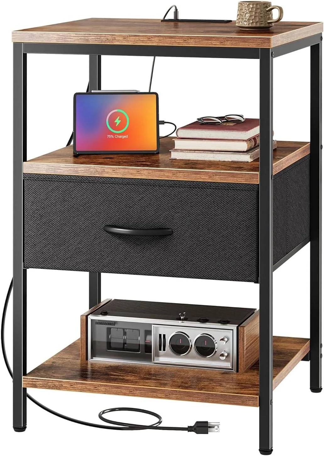 میز کنار تختی KAPEICamper با ایستگاه شارژ، میز کنار تخت با کشوی پارچه ای قابل تنظیم، میز کنار تخت برای اتاق خواب، میز عسلی 3 طبقه، برای اتاق نشیمن، قهوه ای روستایی و مشکی میز کنار تختی KAPEICamper با ایستگاه شارژ، میز کنار تخت با کشوی پارچه ای قابل تنظیم، میز کنار تخت برای اتاق خواب، میز عسلی 3 طبقه، برای اتاق نشیمن، قهوه ای روستایی و مشکی