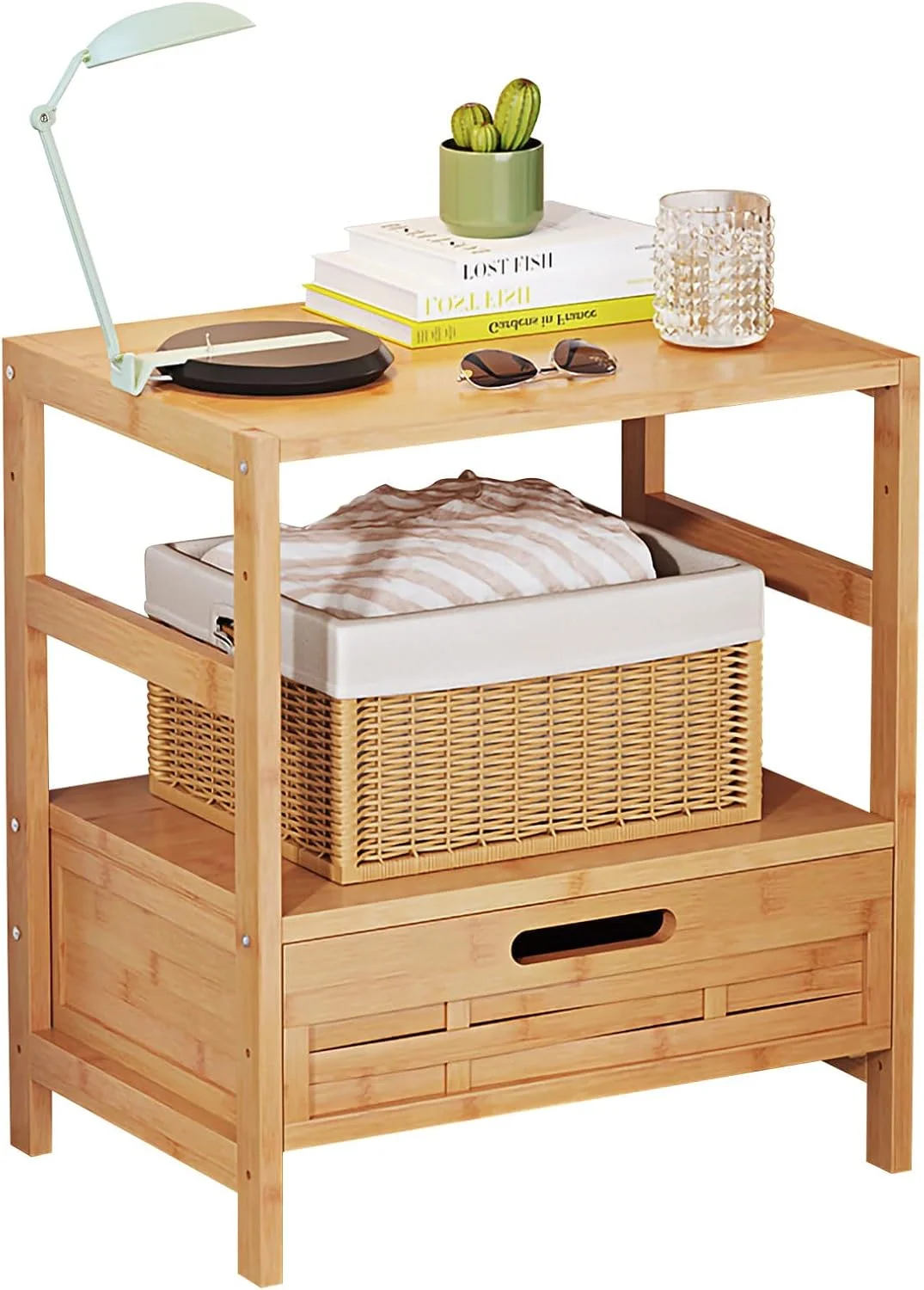 میز کنار تختی چوبی KEPFITESE، میز کنار تخت با کشو - میز پاتختی مدرن اواسط قرن، میز چوبی با قفسه نگهداری باز (رنگ چوب اصلی) میز کنار تختی چوبی KEPFITESE، میز کنار تخت با کشو - میز پاتختی مدرن اواسط قرن، میز چوبی با قفسه نگهداری باز (رنگ چوب اصلی)